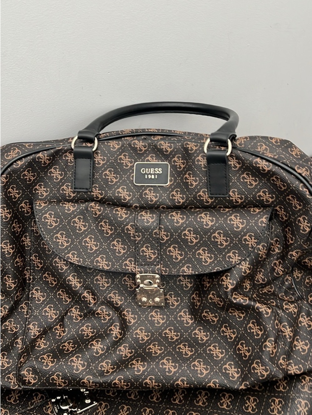 GUESS Brown and Black Monogram Duffel Bag